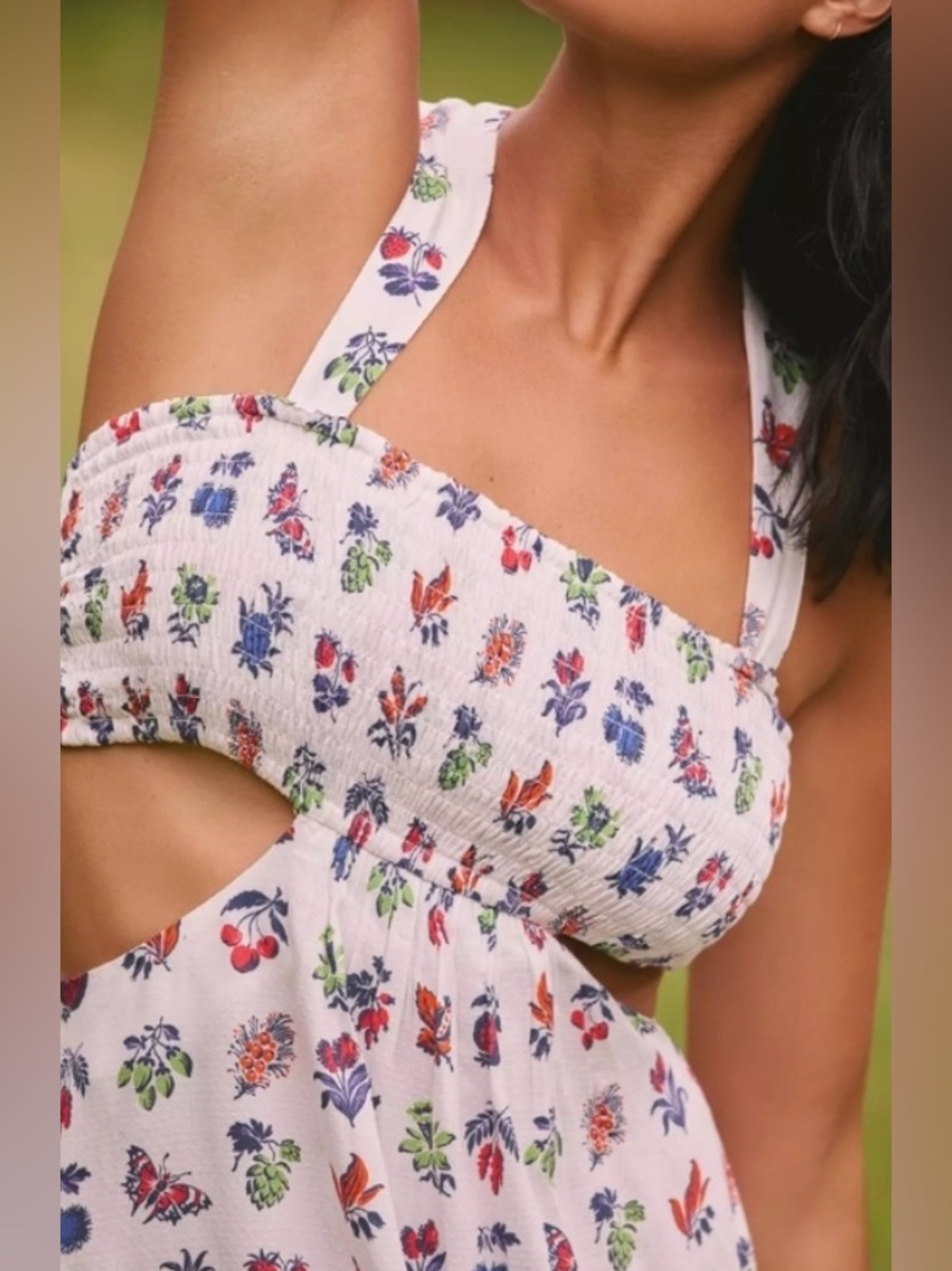 Anthropologie White with Multicolor Floral Smocked Cut Out Mini Dress - Size XS - Picture 3 of 7